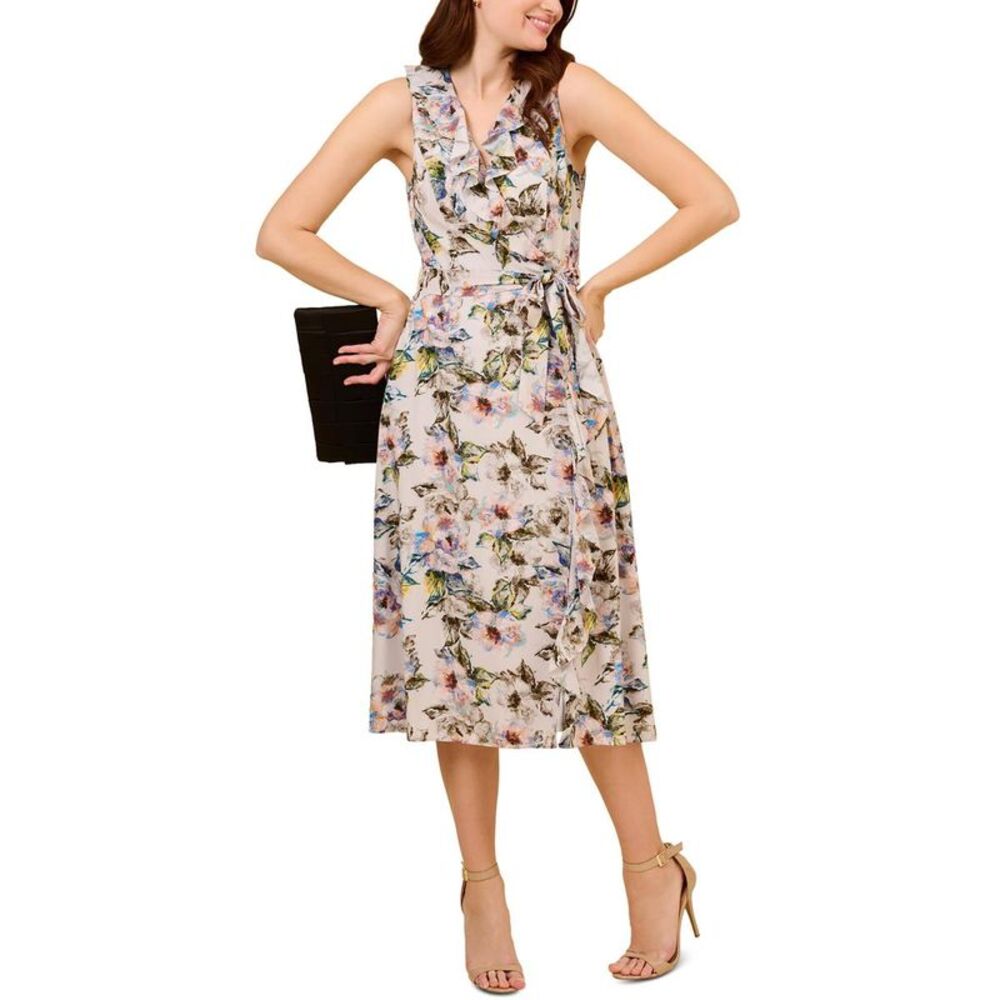 Adrianna Papell Womens Gray Ruffled Printed Summer Midi Dress NWT
